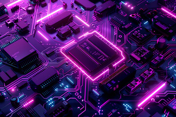 Abstract purple electronic circuit board with detailed circuitry and glowing components. This image highlights the futuristic design of computer hardware, focusing on integrated te