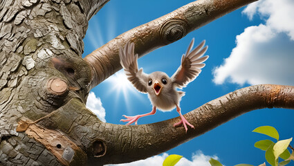 A newly flying baby bird falling from a tree
