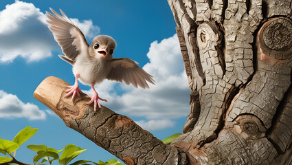 A newly flying baby bird falling from a tree