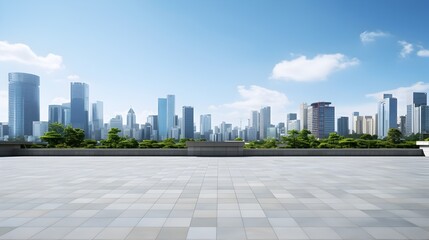 Impressive Expansive Urban Skyline with Peaceful Empty Public Plaza Forecourt in Foreground