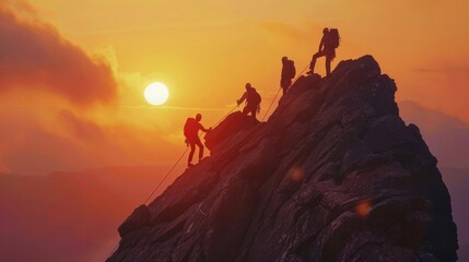 Group of climbers reaching the summit at sunset. Climbing teamwork on a rocky mountain peak. Adventure and triumph in nature's beauty.