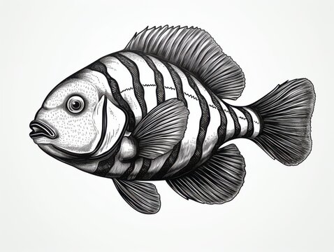 recommend clip art: Black and white Vintage engraved art of a clownfish isolated on white background, ink sketch illustration, simple vector art design, highly detailed line art, high contrasty 