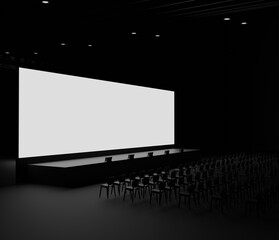 Presentation Hall audithorium empty with big blank screen mockup. Rows of seats, dark and minimalistic. convention hall for presentation or conference template 3d render, left side angle view