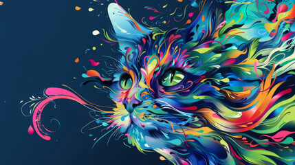 Psychedelic Cat with Flowing Rainbow Colors