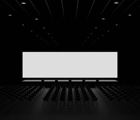 Presentation Hall audithorium empty with big blank screen mockup. Rows of seats, dark and minimalistic. convention hall for presentation or conference template 3d render