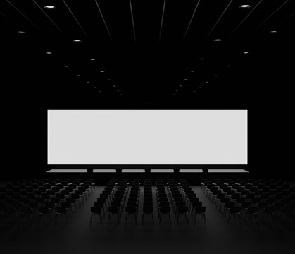 Presentation Hall audithorium empty with big blank screen mockup. Rows of seats, dark and minimalistic. convention hall for presentation or conference template 3d render