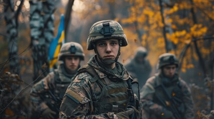 Fototapeta premium Soldiers in autumn forest ready for action. Military team training. Focused soldiers in camouflage. During daytime, troops stand vigilant.