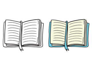 Beautiful opened book, diary writing with blue cover isolated on white background. Hand drawn vector sketch illustration in doodle engraved vintage line art style. School, coloring book.