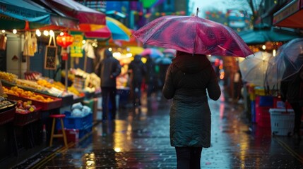 Person walking through vibrant market with umbrella on a rainy day. Colorful lights and diverse stalls create a lively atmosphere despite the wet weather.