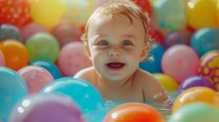 Obraz premium Cute baby smiling amidst colorful balloons, enjoying playful moment in a fun and vibrant environment.