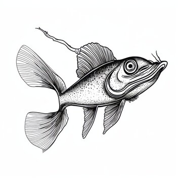 recommend clip art: Black and white Vintage engraved art of a catfish with a monocle, isolated on white background, ink sketch illustration, simple vector art design, highly detailed line art, high contrasty. 