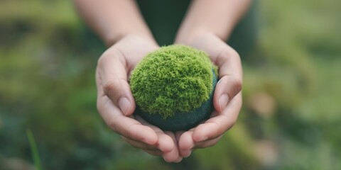 Hands Holding Moss Ball: A delicate green moss ball, symbolizing growth and renewal, rests gently in cupped hands against a blurred backdrop of verdant nature.