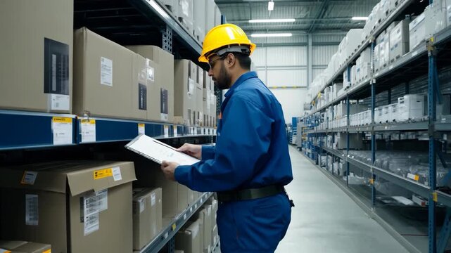 A factory engineer inspects inventory in a well-organized warehouse, using a tablet to monitor workflow and ensure efficient, safe, and compliant operations.