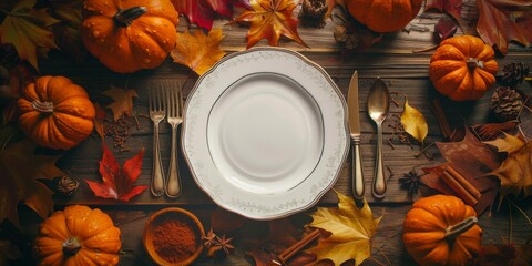 A white plate with a fork and knife on it is surrounded by fall decorations, including pumpkins and leaves