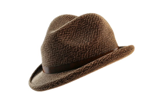 A brown felt hat with a textured surface and a leather band sits on a white background, tilted slightly to the side.