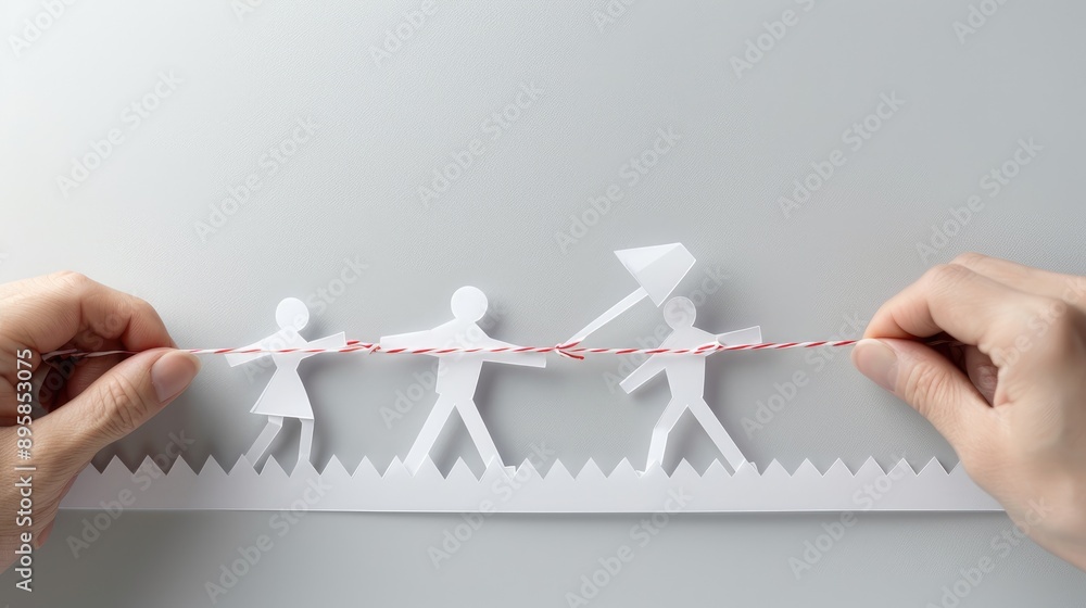 Poster a minimalist paper art scene showing hands holding a string with paper figures walking on it. the im