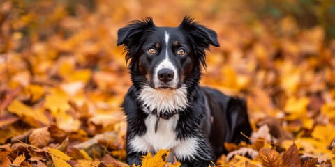 A black dog is laying in a pile of yellow leaves