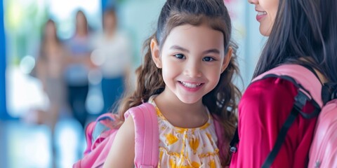 Fototapeta premium A woman is holding a young girl in her arms and goes to school