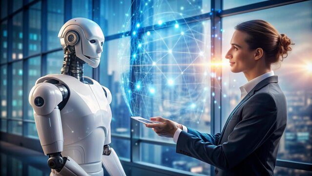 A person communicates with artificial intelligence, in cyberspace, a human robot, communicates with a person, handshakes, virtual reality, neural networks.