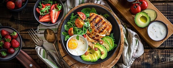 High-angle view of a healthy, balanced breakfast plate with grilled chicken, avocado, egg, and fresh vegetables on rustic wooden background.