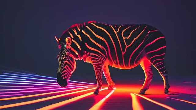 A zebra stands in a dark setting, illuminated by vibrant neon lights, creating a surreal glow on its stripes. The scene has an artistic and otherworldly mood, showcasing the animal in an unusual