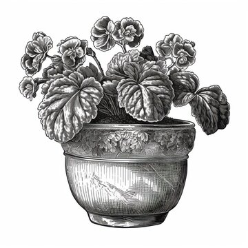 geranium plant in ornate pot, grayscale clip art preview