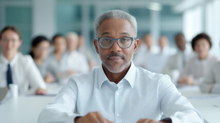 Fototapeta premium A senior professional with gray hair and glasses sits attentively in a business meeting, with diverse colleagues blurred in the background, in a bright, modern office.