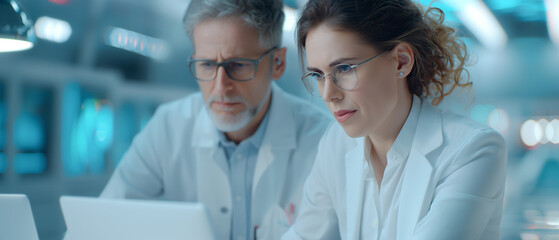Two scientists, a man and a woman, wearing glasses and white lab coats, intensely working on a project in a modern laboratory.