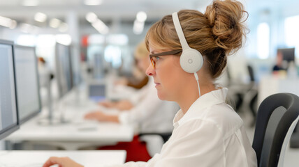 A focused female customer service representative wearing glasses and headphones, working at a computer in a modern, bright call center.