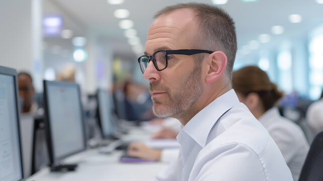 Side view of a focused office worker with glasses, working on a computer in a modern, open-plan office. The background shows colleagues at their desks, contributing to a professional work environment