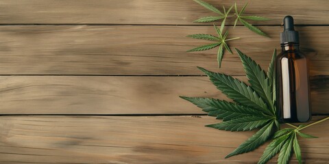 Obraz premium CBD Essence: Amber bottle of CBD oil nestled among fresh cannabis leaves on a rustic wooden background, embodying natural wellness and tranquility. 