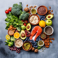 Assorted healthy foods like fresh fruits, vegetables, nuts, and fish arranged on a concrete surface. Seen from above