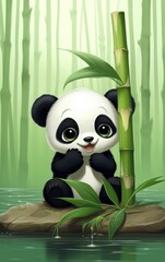 Cute Panda Bear Cub Sitting on a Rock in a Bamboo Forest