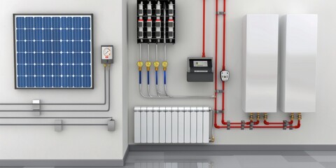 A white wall with a solar panel on it and a white radiator