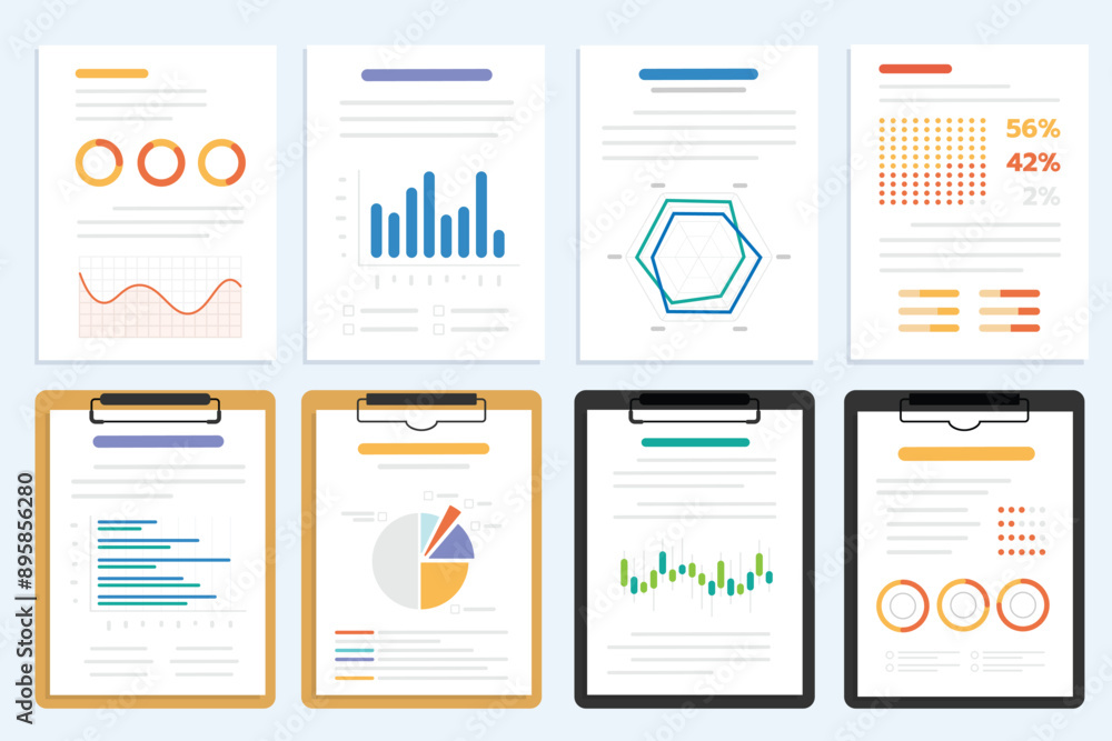 Poster set of paper and document with a holder and clipboard, set of data information and graph on document