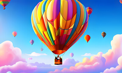 Fototapeta premium Colorful Hot Air Balloon Soaring Over Fluffy Clouds on a Sunny Day