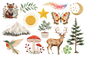 PNG embroidery nature set, transparent background
