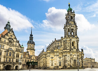 Facade of Dresden Cathedral, or the Cathedral of the Holy Trinity, Catholic Church of the Royal Court of Saxony, called in German Katholische Hofkirche, is the Catholic Cathedral of Dresden