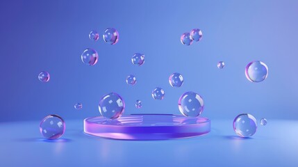 3D glass display platform on a blue background with transparent stand, featuring purple drops for a clean presentation