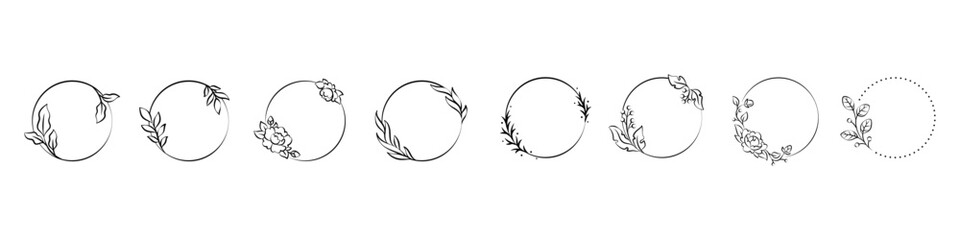 Herb round frame. Flower in circle logo. Minimal floral ring branch. Botanical element minimalist line design.