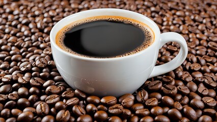 Fototapeta premium A close-up shot of a white coffee cup filled with black coffee, resting on a bed of roasted coffee beans.