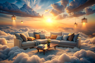 Obraz premium Surreal Living Room Set Amongst Clouds at Sunset