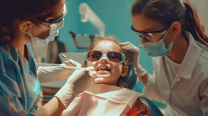 A dentist and an assistant are working together to treat a young girl's teeth in a special clinic for children. The girl is wearing sunglasses and sitting calmly in her chair.