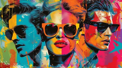 Obraz premium Colorful Pop Art Mural of Famous Icons on Vibrant Background | Retro Inspired Wall Decor with Energetic Flair