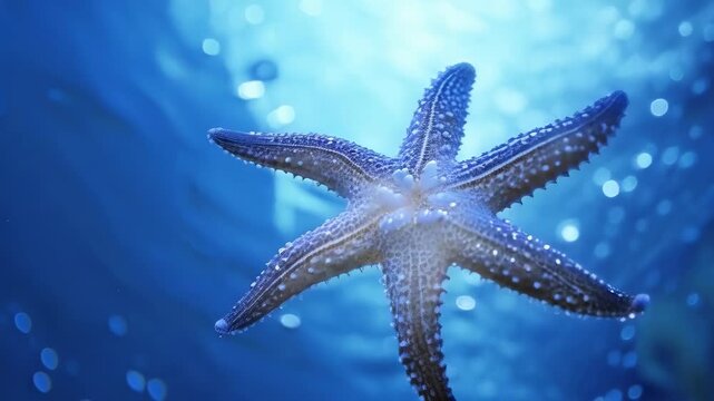 A detailed close-up of a starfish under the ocean, showcasing its intricate textures and vibrant colors. The scene is set in clear blue water, evoking a serene and peaceful underwater environment.