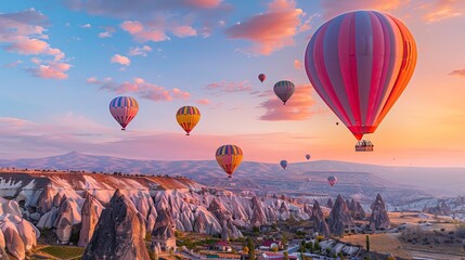 Obraz premium Colorful hot air balloons float over the stunning landscape of Cappadocia at sunrise. Vacationers enjoy this picturesque destination in Goreme, Turkey.