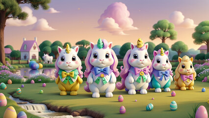 Fototapeta premium easter bunny colored rainbow eggs 3d, AI generated