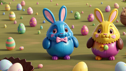 Obraz premium easter bunny colored rainbow eggs 3d, AI generated