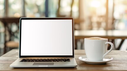 Fototapeta premium Laptop with Blank Screen and Coffee in Cafe Ambiance 