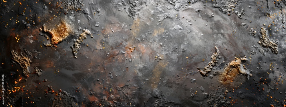 Poster a black and grey background with a few specks of gold. the background is a bit rough and has a lot o